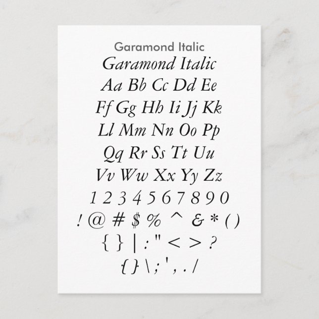 Garamond Italic - Zazzle Schriftart Sampler Sheet Postkarte (Vorderseite)