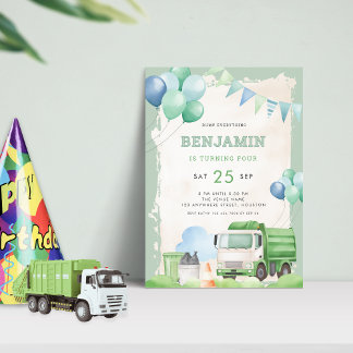 Garbage Truck 4. Geburtstag Party Sage Green Einladung