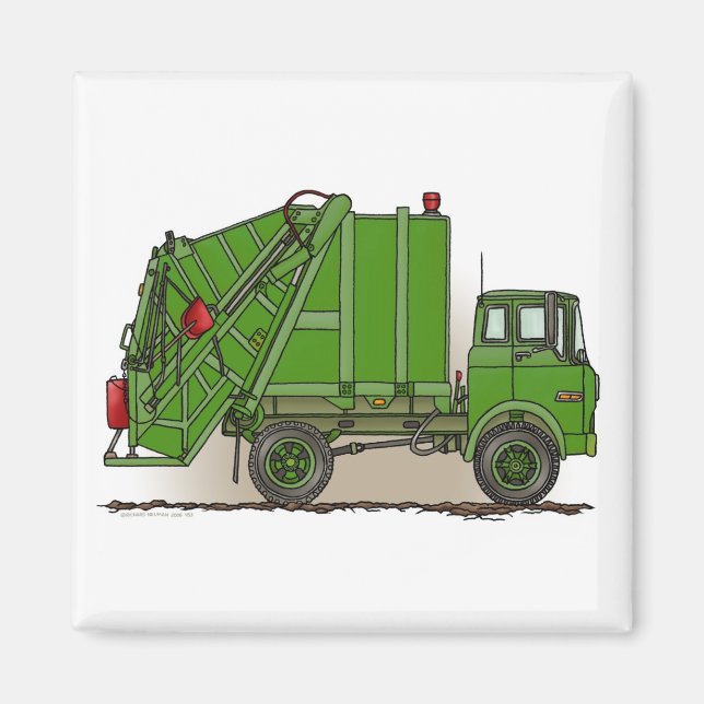 Garbage Truck Green Square Magnet (Vorne)