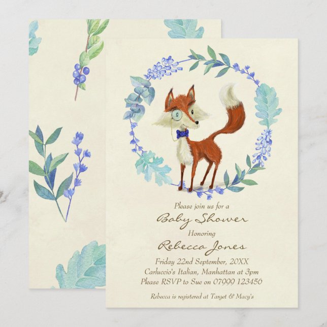 garçon baby shower invitation bois renard bleu ren (Devant / Derrière)