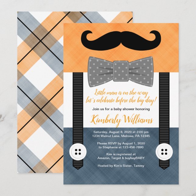 garçon baby shower invitation petit homme orange m (Devant / Derrière)