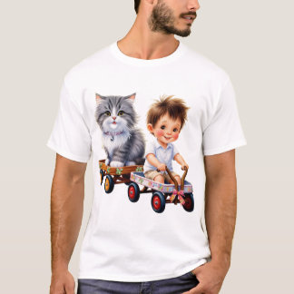Garçon et chat sur le t-shirt de la voiture