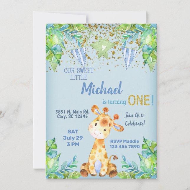 Garçon girafe bleu 1ère invitation anniversaire. (Devant)