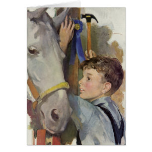 Garçon vintage avec son cheval gagnant ruban bleu