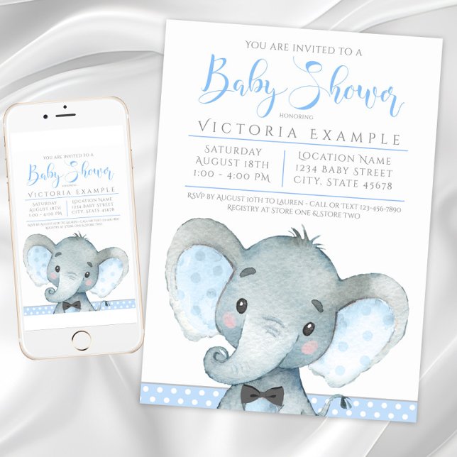 Garçons adorable éléphant bébé douche Invitations (Boy Elephant Baby Shower Invitations. Instant download and printed invitations available.)