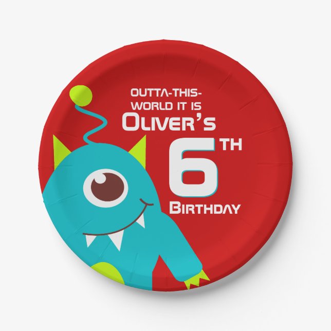 Garçons alien 6e anniversaire assiette customisée (Devant)