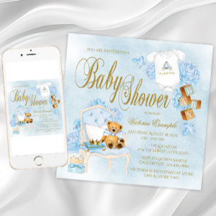 Garçons Aquarelle Bleu Or Bébé Douche Invitations