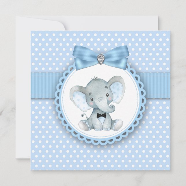 Garçons Blue Elephant Baby Shower Invitations (Devant)