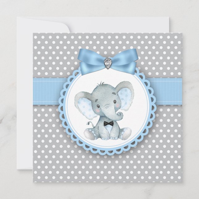 Garçons Blue Grey Elephant Baby Shower Invitations (Devant)