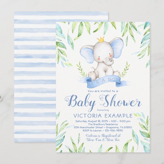 Garçons Elephant Prince Baby Shower Invitations (Devant / Derrière)
