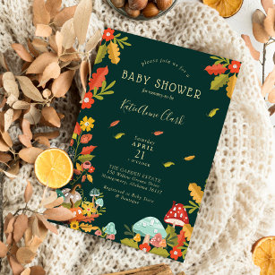 Garden Autumn Leafs Mushroom & Pumpkin Baby Shower Einladung