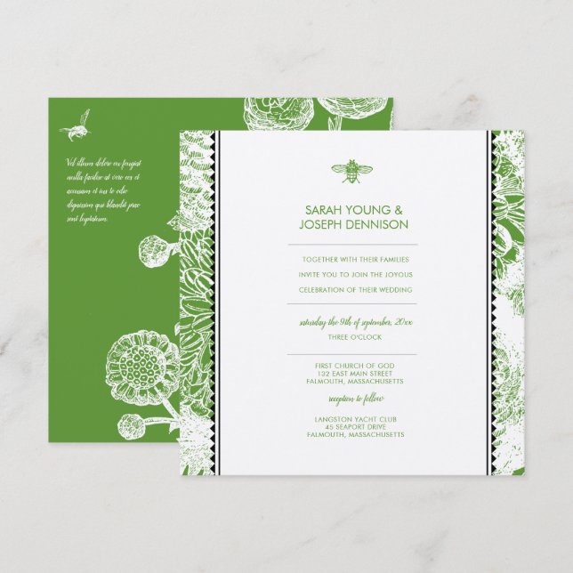 Garden Bee Green Toile Faire-part de mariage (Devant / Derrière)