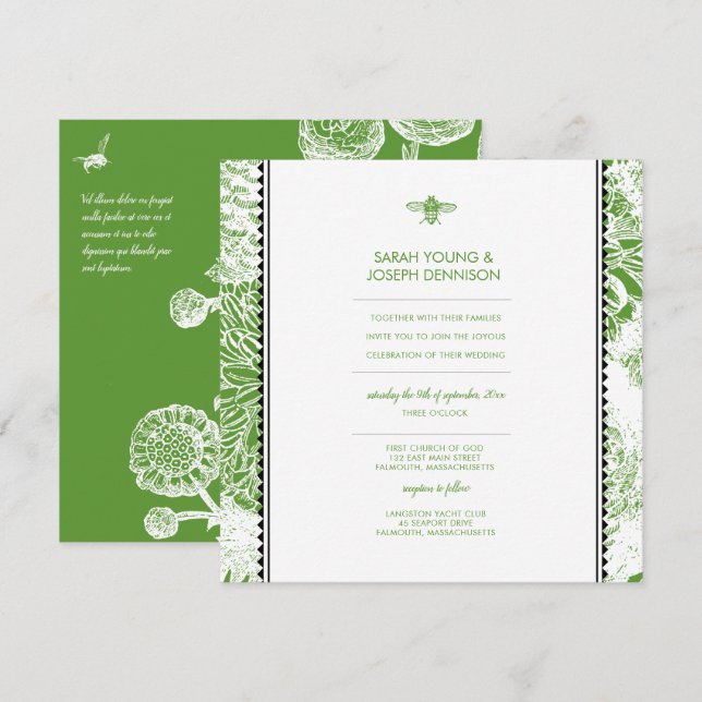 Garden Bee Green Toile Hochzeit Einladung (Vorne/Hinten)