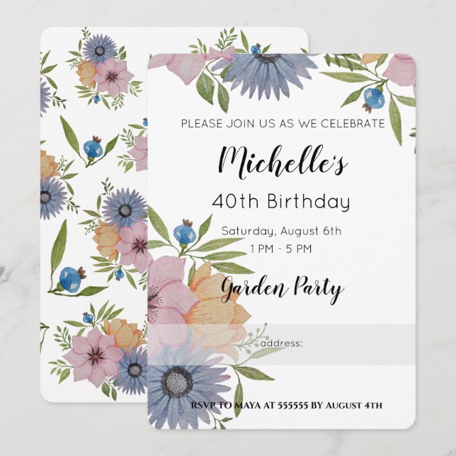 Garden Birthday Party Wasserfarbene Blume Einladun Einladung (Vorne/Hinten)