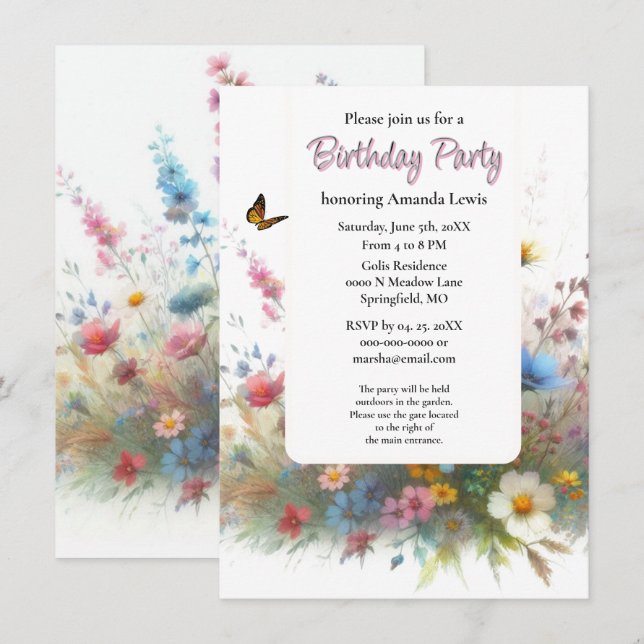 Garden Birthday Party Wildblumen Floral Einladung (Vorne/Hinten)