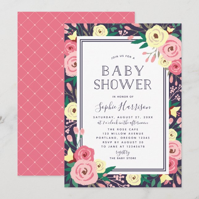 Garden Blooms Floral Pink Baby Dusche Einladung (Vorne/Hinten)