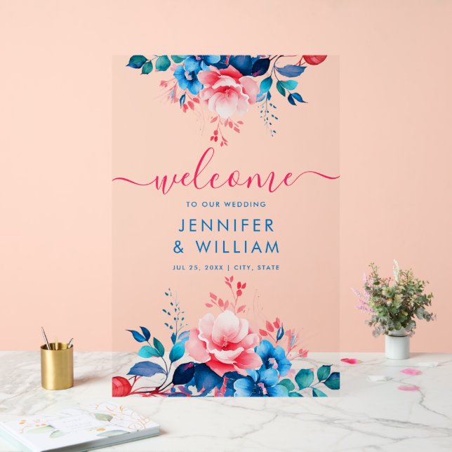 Garden Bloral Script Hochzeit Willkommen Blau & Ro Acrylschild (Hochzeit)