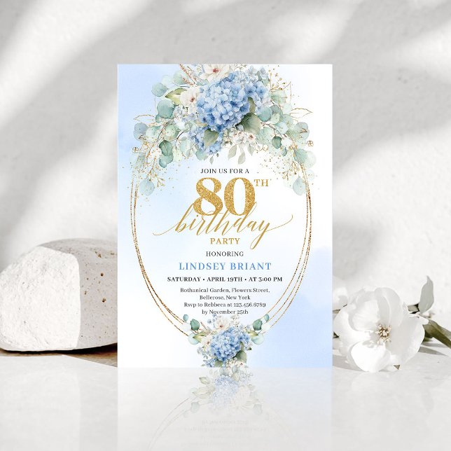 Garden Blue Floral Gold 80th Birthday Invitation Einladung (Garden Blue Floral Gold 80th Birthday Invitation)