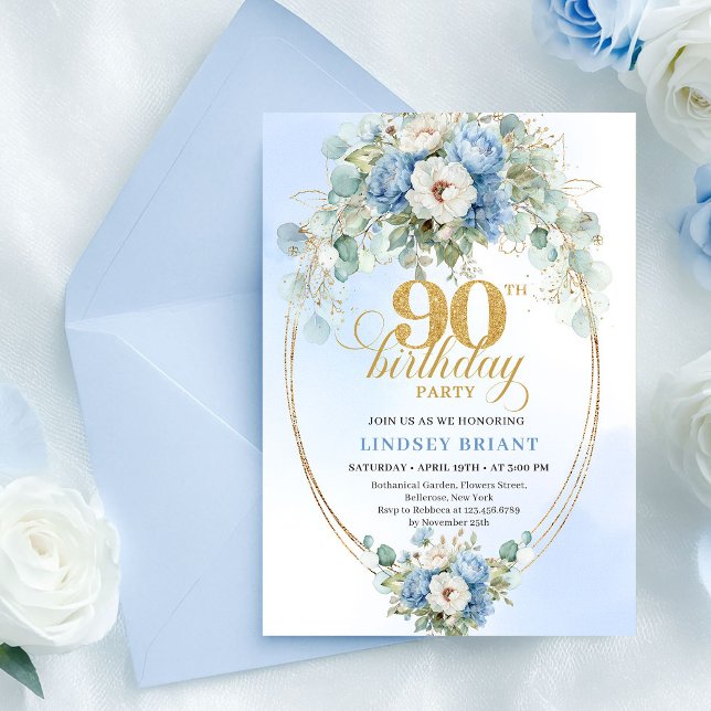 Garden Boho Blue Floral 90th Birthday Invite Einladung (Garden Boho Blue Floral 90th Birthday Invite)