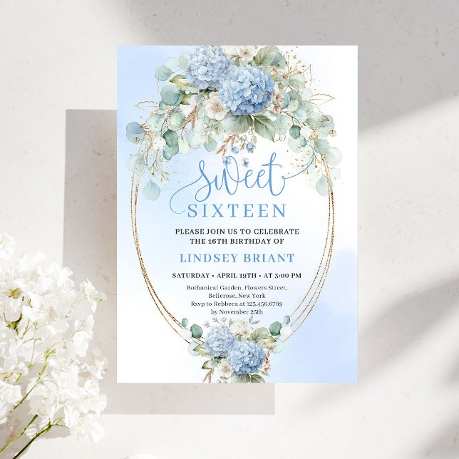 Garden Boho Blue Hydrangeas Sweet Sixteen Invite Einladung (Garden Boho Blue Hydrangeas Sweet Sixteen Invitation)