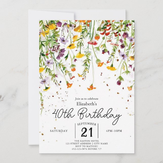 Garden Boho Wildblumen 40. Geburtstag Einladung (Vorderseite)