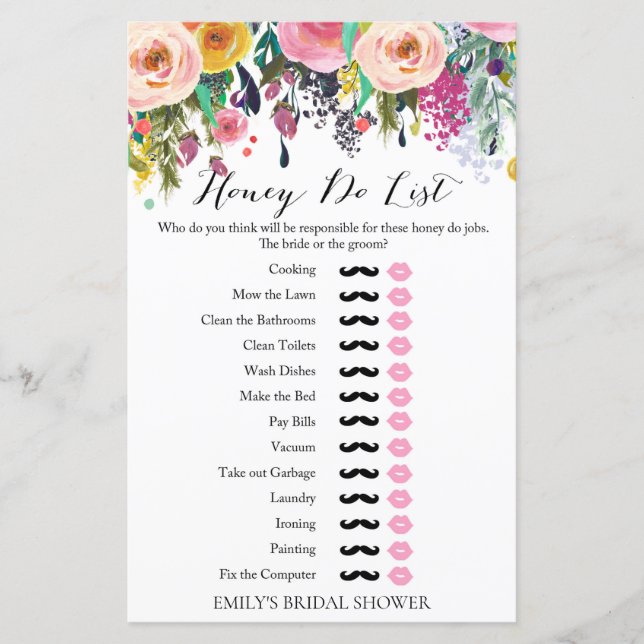 Garden Brautparty Game Honey Do List (Vorderseite)
