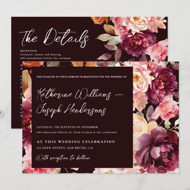 Garden Burgundy Script calligraphy Details Wedding Einladung (Vorne/Hinten)