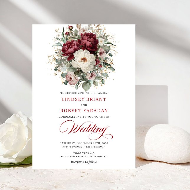 Garden Burgundy White Floral Wedding Invitation Einladung (Garden Burgundy White Floral Wedding Invitation)
