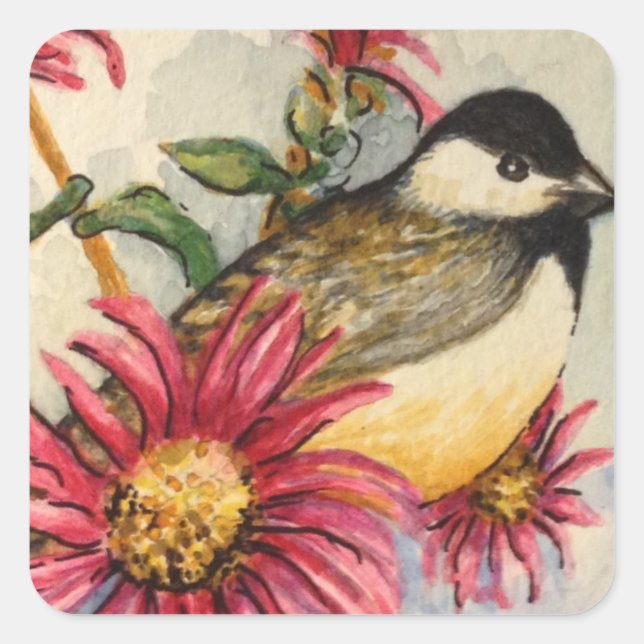 Garden Chickadee Watercolor Pink Daisy Quadratischer Aufkleber (Vorderseite)
