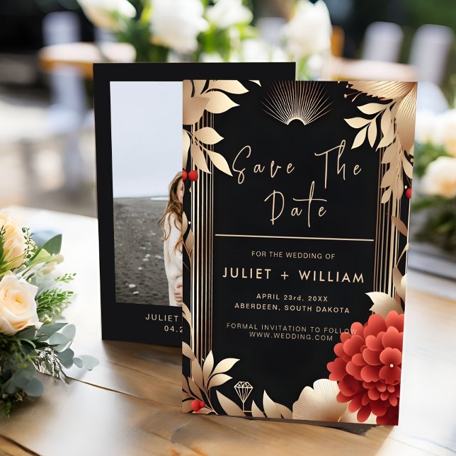 Garden Diamond Red Black and Gold Wedding Save The Date (Von Creator hochgeladen)