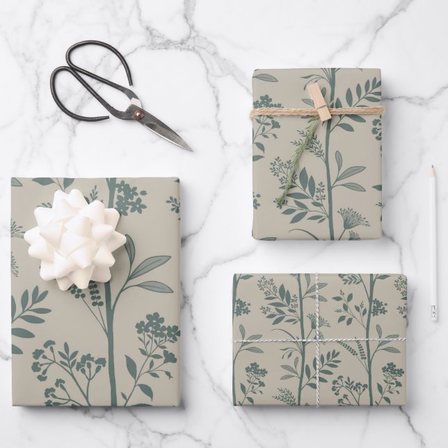 Garden Dream Elegant Botanicals teal & beige Geschenkpapier Set (Vorderseite)