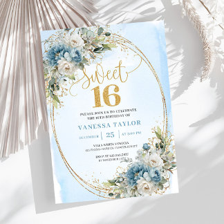 Garden Dusty Blue Floral Sweet 16th Birthday Einladung