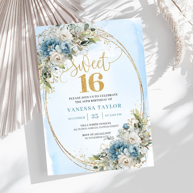 Garden Dusty Blue Floral Sweet 16th Birthday   Einladung (Garden Dusty Blue Floral Sweet 16th Birthday Invite)