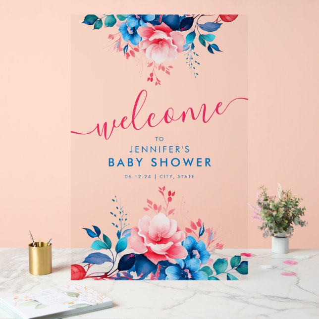 GARDEN FLORAL Blue Pink Baby Dusche Empfang Acrylschild (Hochzeit)