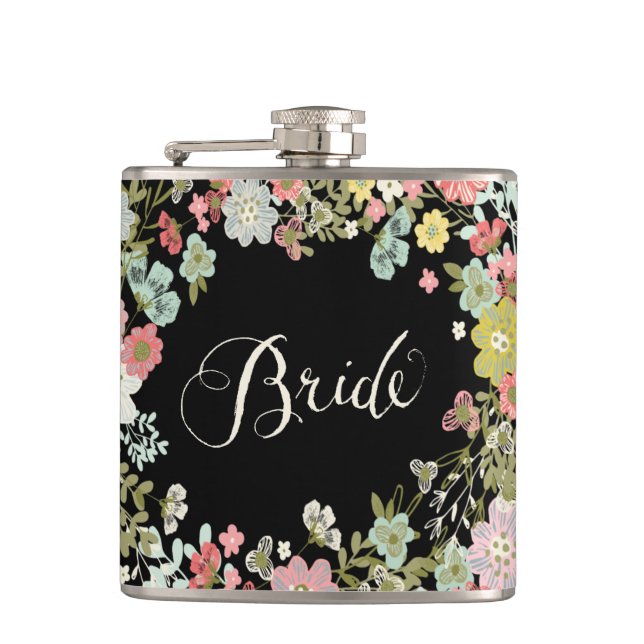 Garden Floral Bride Typografie Alkohol Hip Flask Flachmann (Vorderseite)