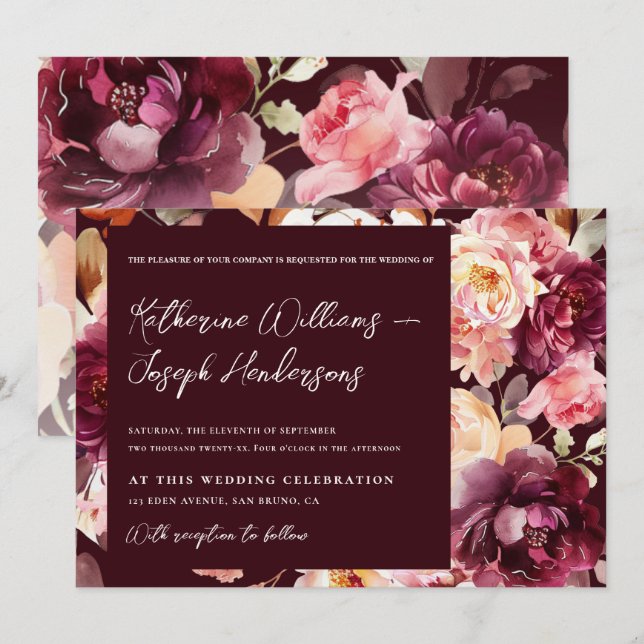 Garden Floral Burgundy Script calligraphy Wedding Einladung (Vorne/Hinten)