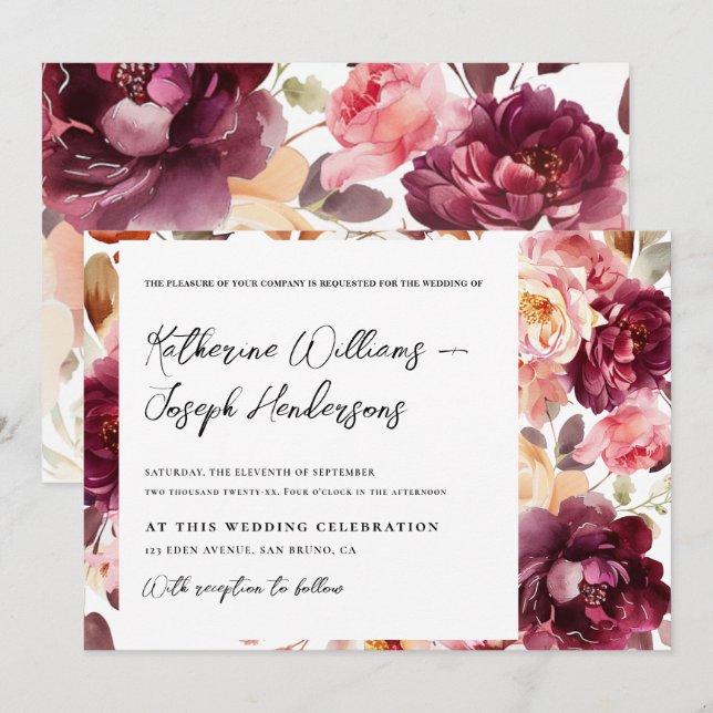 Garden Floral Burgundy Script kalligraphische Hoch Einladung (Vorne/Hinten)