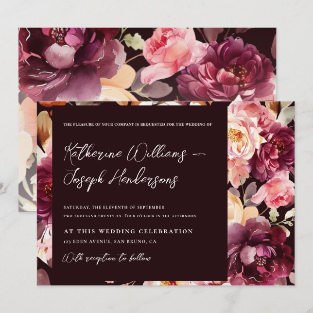 Garden Floral Burgundy Script kalligraphische Hoch Einladung (Vorne/Hinten)