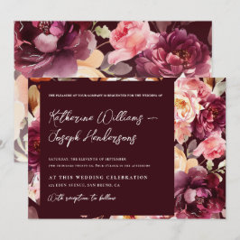 Garden Floral Burgundy Script kalligraphische Hoch Einladung