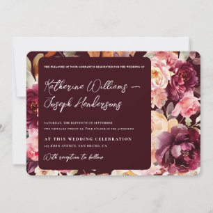 Garden Floral Burgundy Script kalligraphische Hoch Einladung