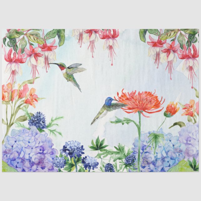 Garden Floral Hummingbird Wasserfarbe Seidenpapier (Vorderseite)