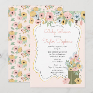 Garden Floral Pink   Yellow Bouquet Baby Dusche Einladung