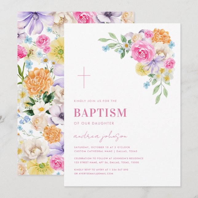 Garden Floral Spring Summer Christening Taufe Einladung (Vorne/Hinten)