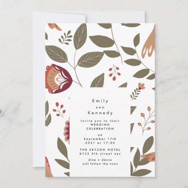 Garden Folk Florals Art Birds Botanische Hochzeit Einladung (Vorderseite)