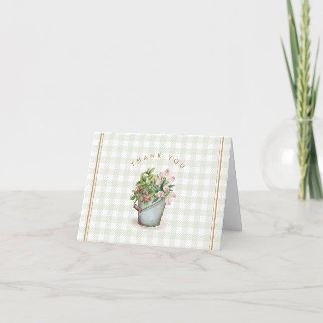 Garden Gingham Sage Gold Floral Blume Dankeskarte (Vorderseite)