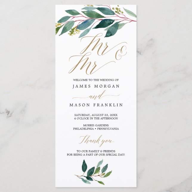 Garden Grüntöne Gay Wedding Program - Mr & Mr. Programm (Vorderseite)