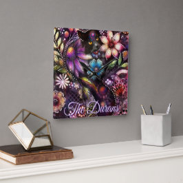 Garden Kitty Cat Floral Abstract Personalized Quadratische Wanduhr