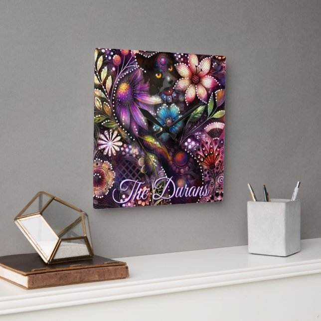 Garden Kitty Cat Floral Abstract Personalized Quadratische Wanduhr (Büro)