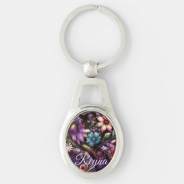 Garden Kitty Cat Floral Abstract Personalized Schlüsselanhänger (Vorderseite)