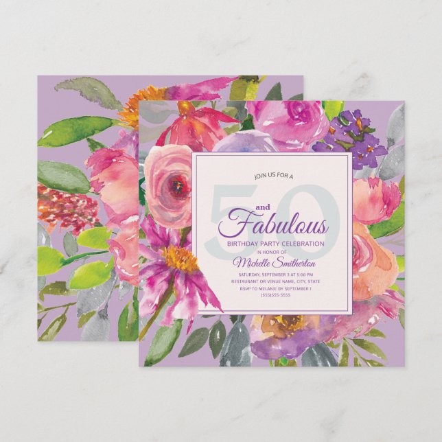Garden Lila Pink Floral 50 und fabelhaft Einladung (Vorne/Hinten)